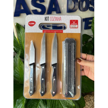 Kit Cozinha com 3 facas, suporte e tábua de madeira