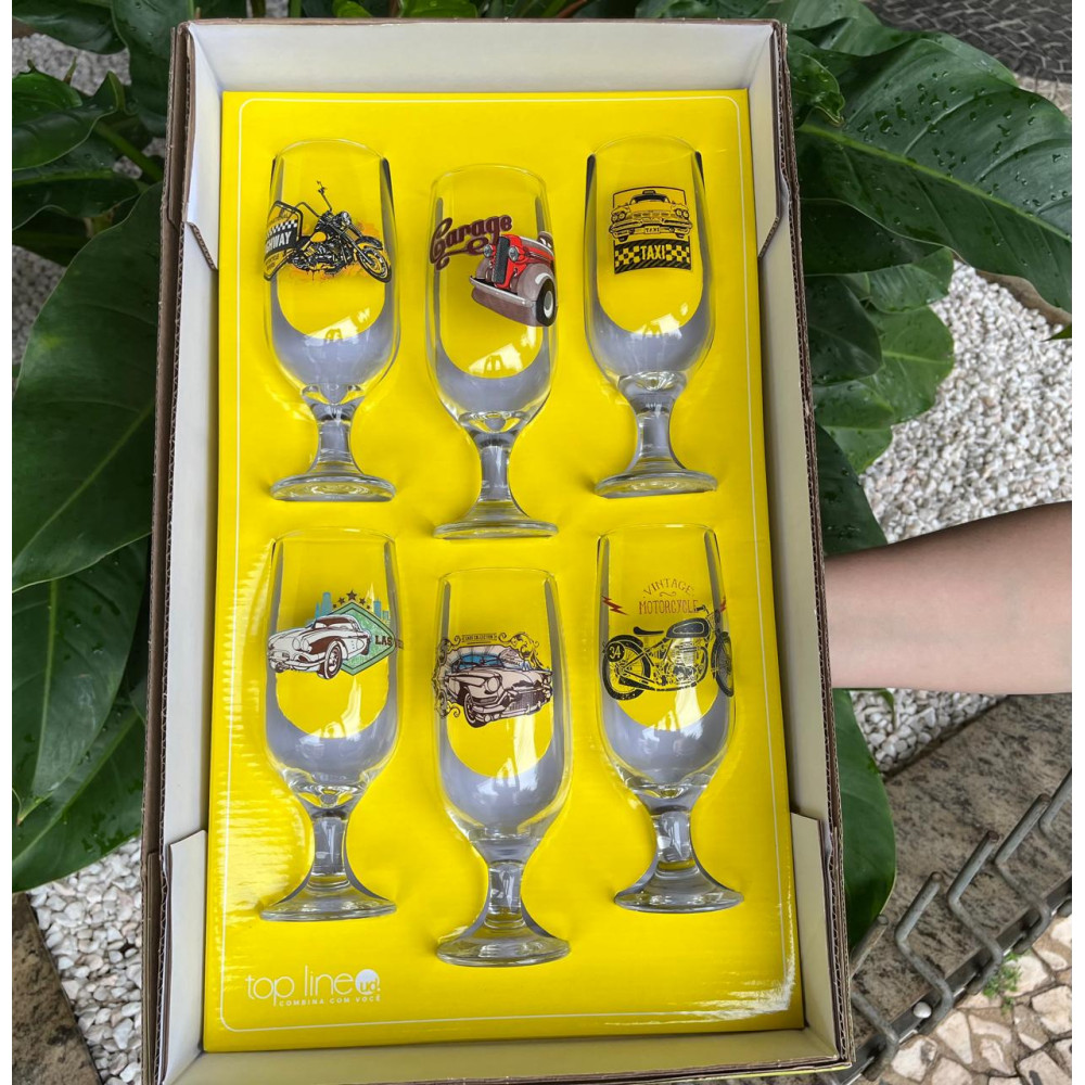 Jogo com 6 taças decoradas para cerveja vidro Top LIne